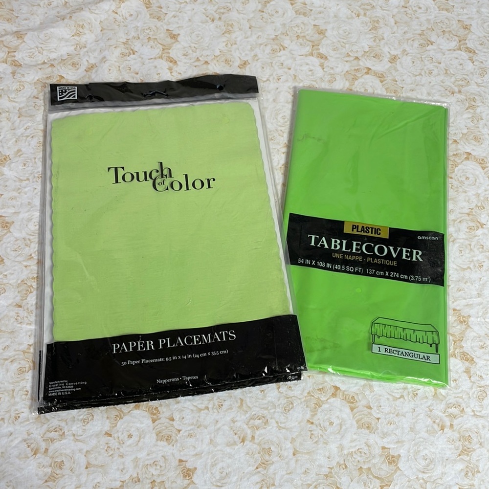 Big Party Pack Kiwi Green Paper Placemats and Amscan Plastic Table Cover